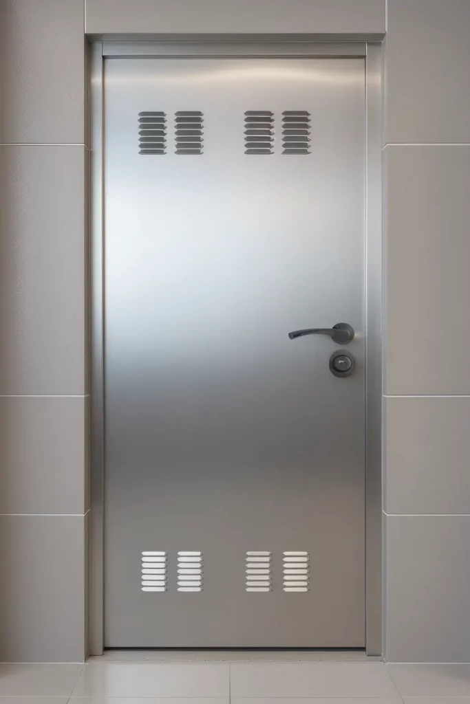 Puerta acorazada Kiuso Trastero RC3 en acabado gris con rejillas de ventilación